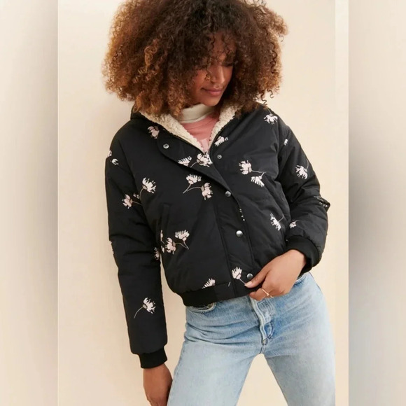 Anthropologie X Saltwater Size M Black Luxe Izzy Floral Puffer Jacket - Picture 2 of 7